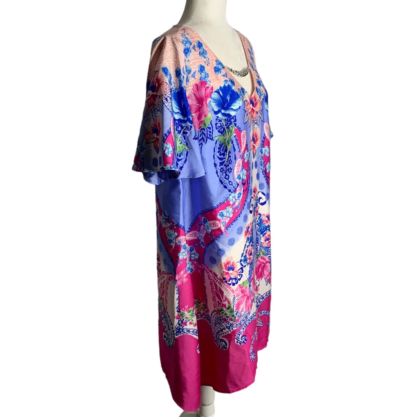 JM Collection Floral Swing Dress M Pink Blue Short Sleeve V Neck Knee Length