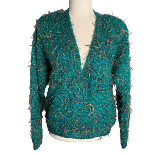 Vintage 80s Pasta Eyelash Knit Sweater M Green Mohair V Neck Shoulder Pads