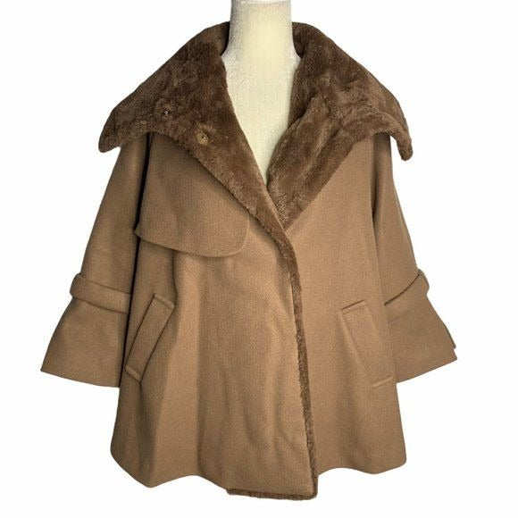 Secret Garden Korean Silk Wool Swing Coat M Brown Lined Faux Fur Snaps Pockets