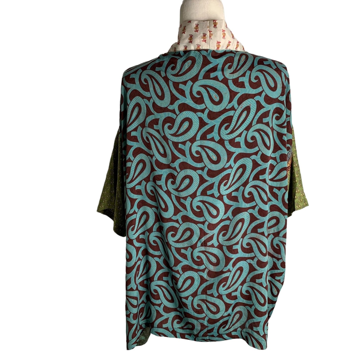 Silk Open Front Short Kimono One Size Multicolored Floral Patchwork Cardigan