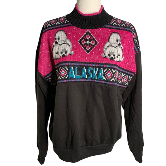 Vintage 90s Mock Neck Alaska Sweatshirt L Black Knit Seals Pullover Fleece USA