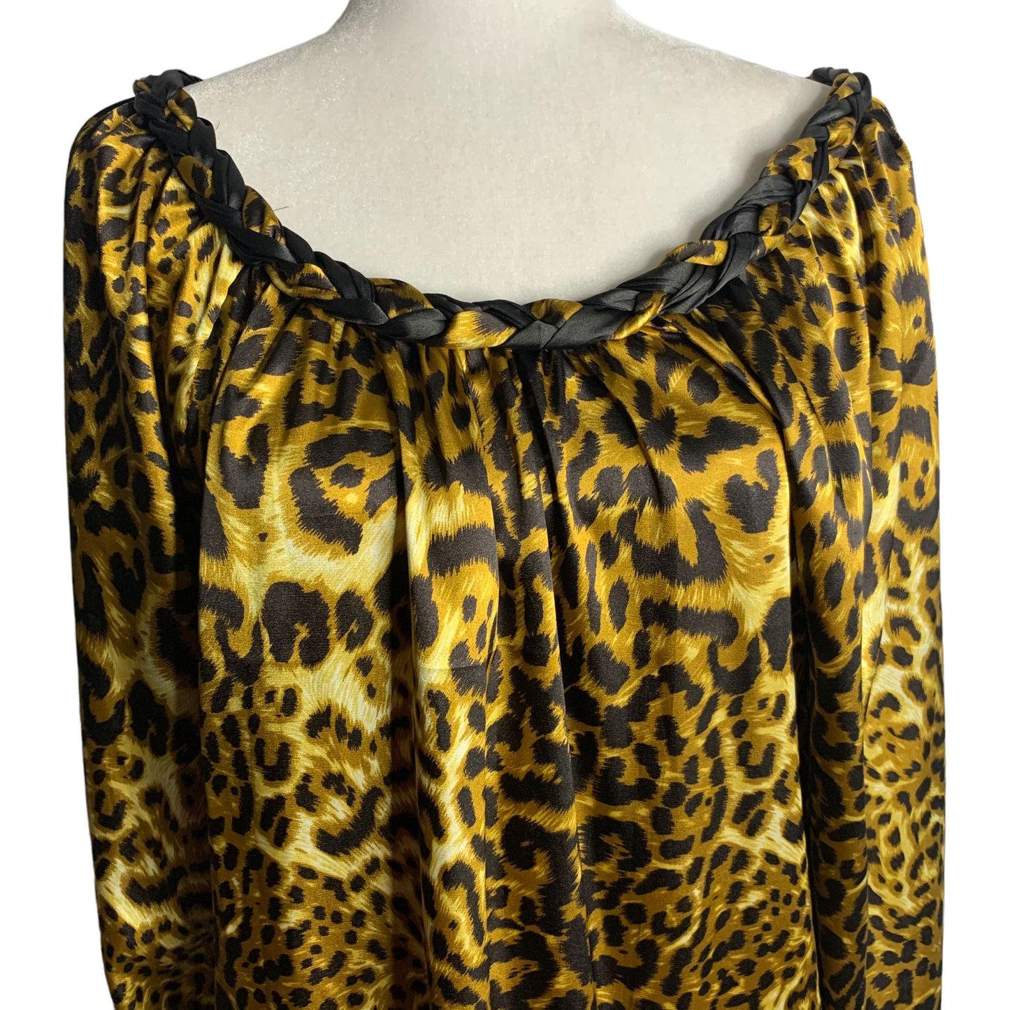 Vintage 90s Leopard Print Shift Dress L Brown Braided Collar Puff Sleeve Pockets