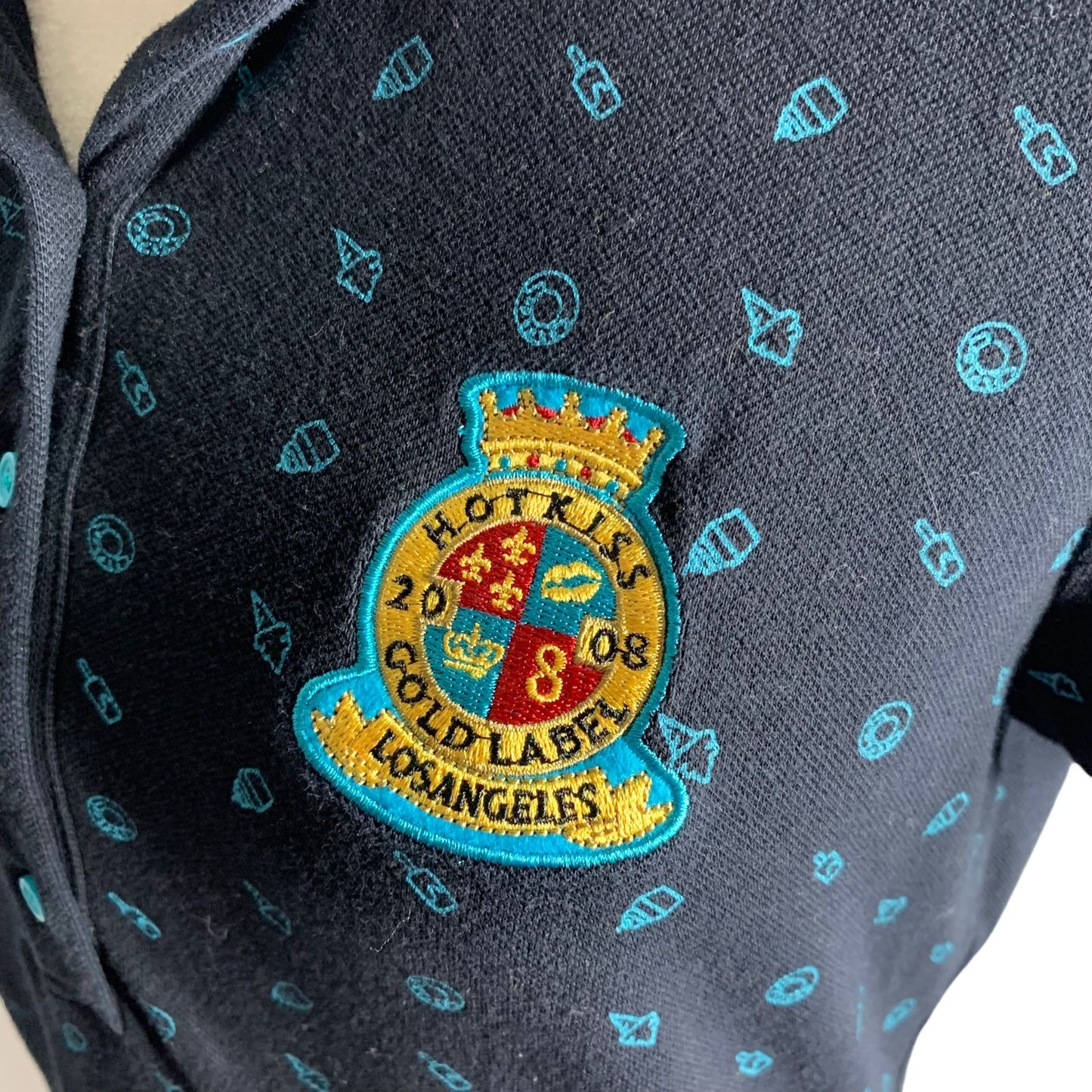 Hot Kiss Short Sleeve Polo Shirt S Black Blue Embroidered Buttons Collared