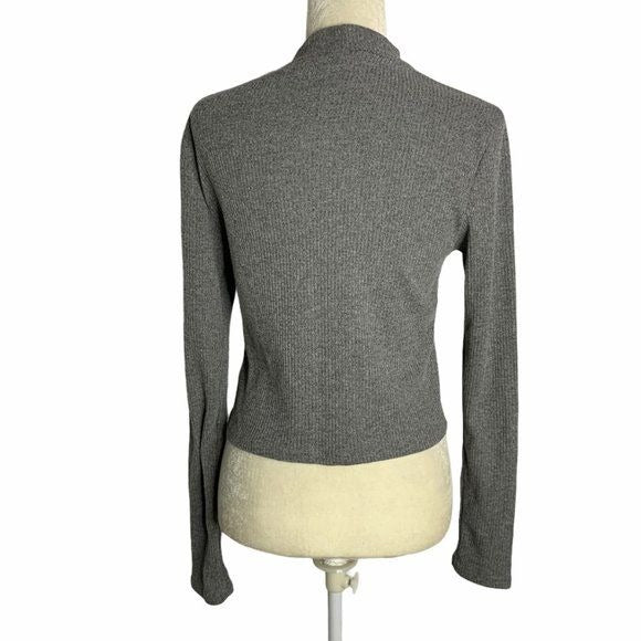 ReVamped Ribbed Knit Mock Neck Cropped Top Large Grey Long Sleeve Pullover