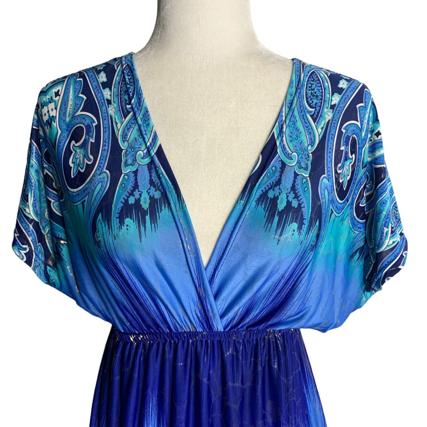 Shoreline V Neck Beach Dress S/M Blue Short Sleeve Elastic Waist Cover Up Mini