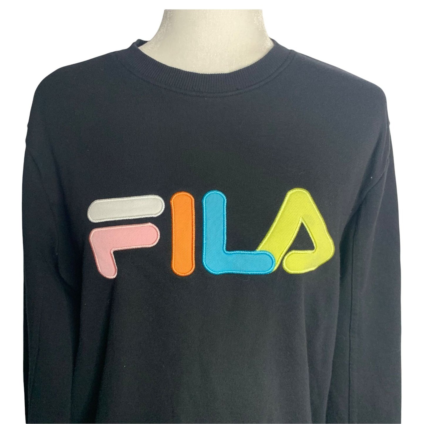 Fila Crewneck Pullover Knit Sweatshirt M Black Pastels Logo Spell Out
