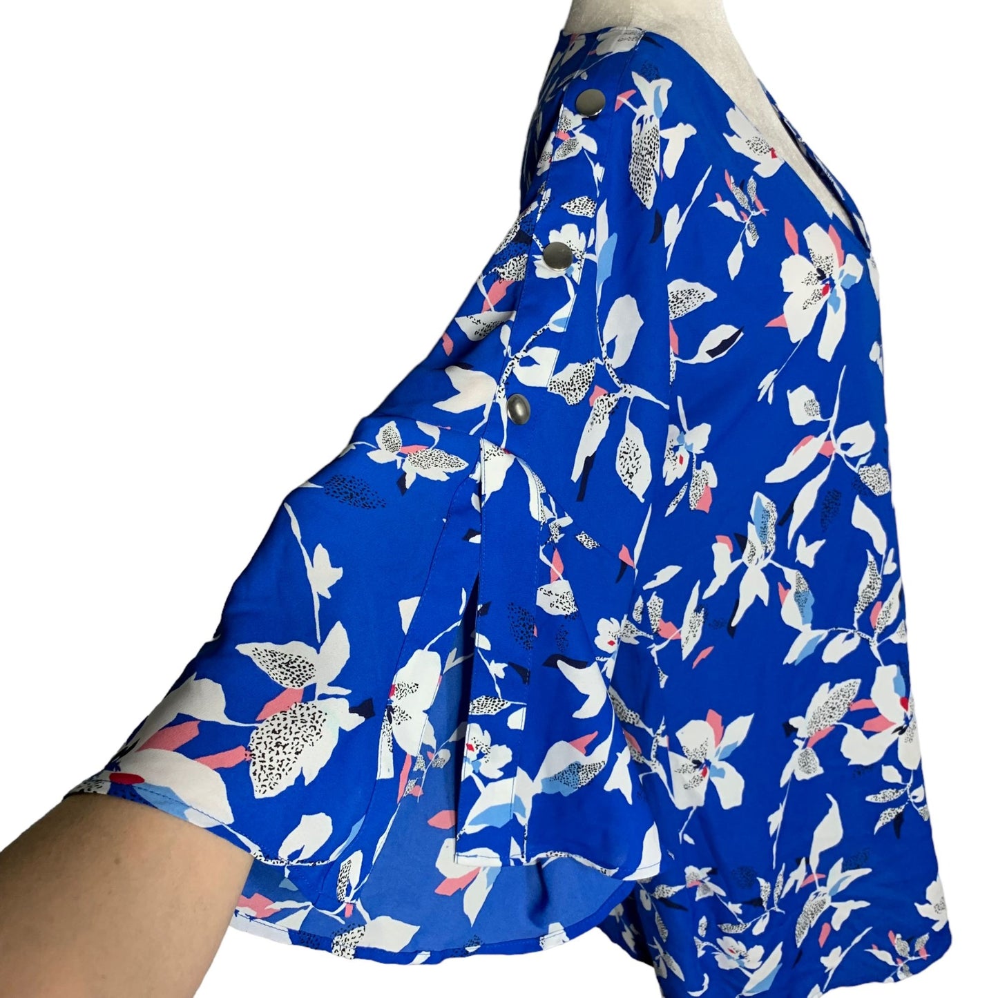 Prescott New York V Neck Pullover Blouse 14 Blue Floral Bell Sleeves Tunic