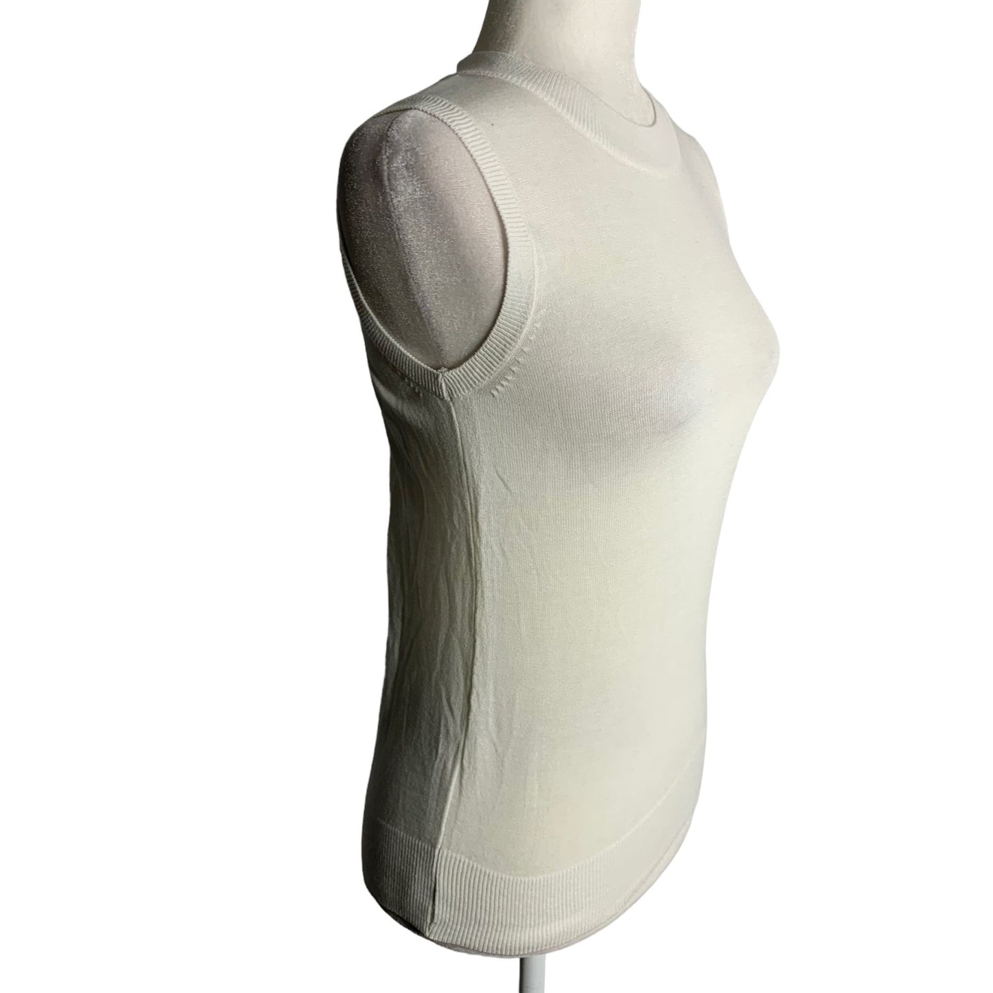 Lightweight Sleeveless Knit Top S White Ribbed Trim Slightly Sheer