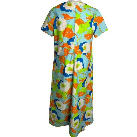 Vintage 60s Psychedelic Maxi Dress L Blue Green Floral Split V Neck Metal Zip