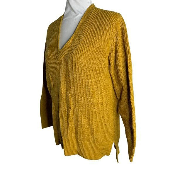 Cable Knit Pullover Sweater S Mustard Yellow V Neck Long Sleeve High Low
