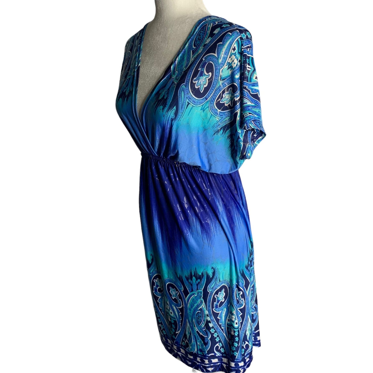 Shoreline V Neck Beach Dress S/M Blue Short Sleeve Elastic Waist Cover Up Mini