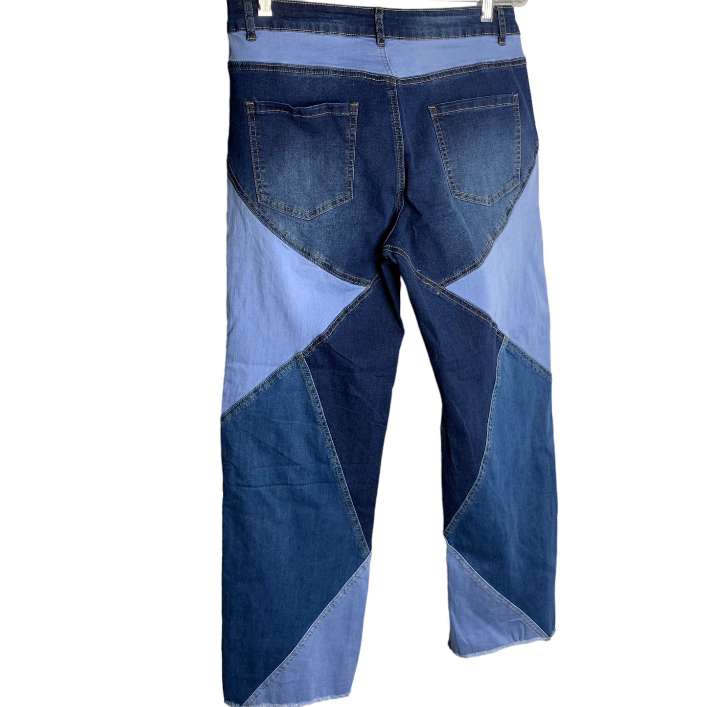 Retro Patchwork Wide Leg Denim Jeans L Blue Mid Rise Cut Off Stretch 5 Pocket