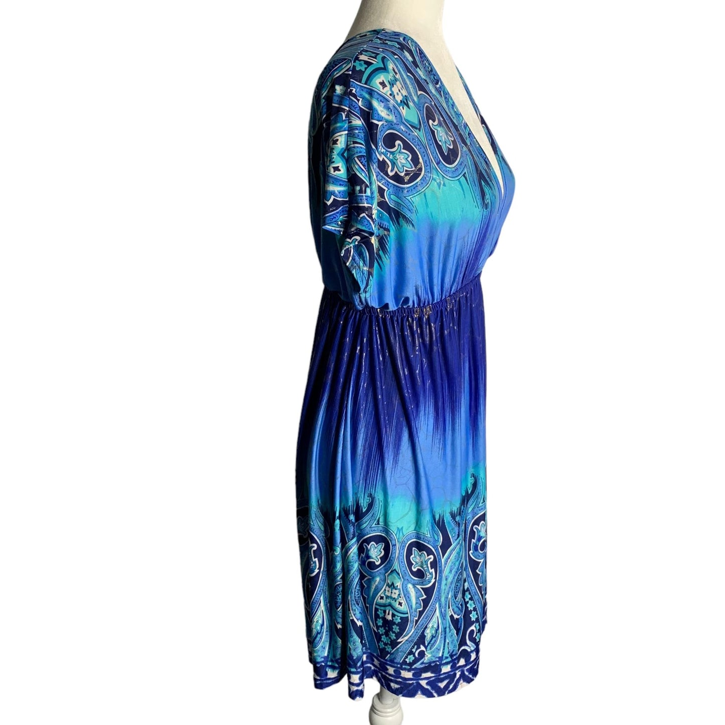 Shoreline V Neck Beach Dress S/M Blue Short Sleeve Elastic Waist Cover Up Mini