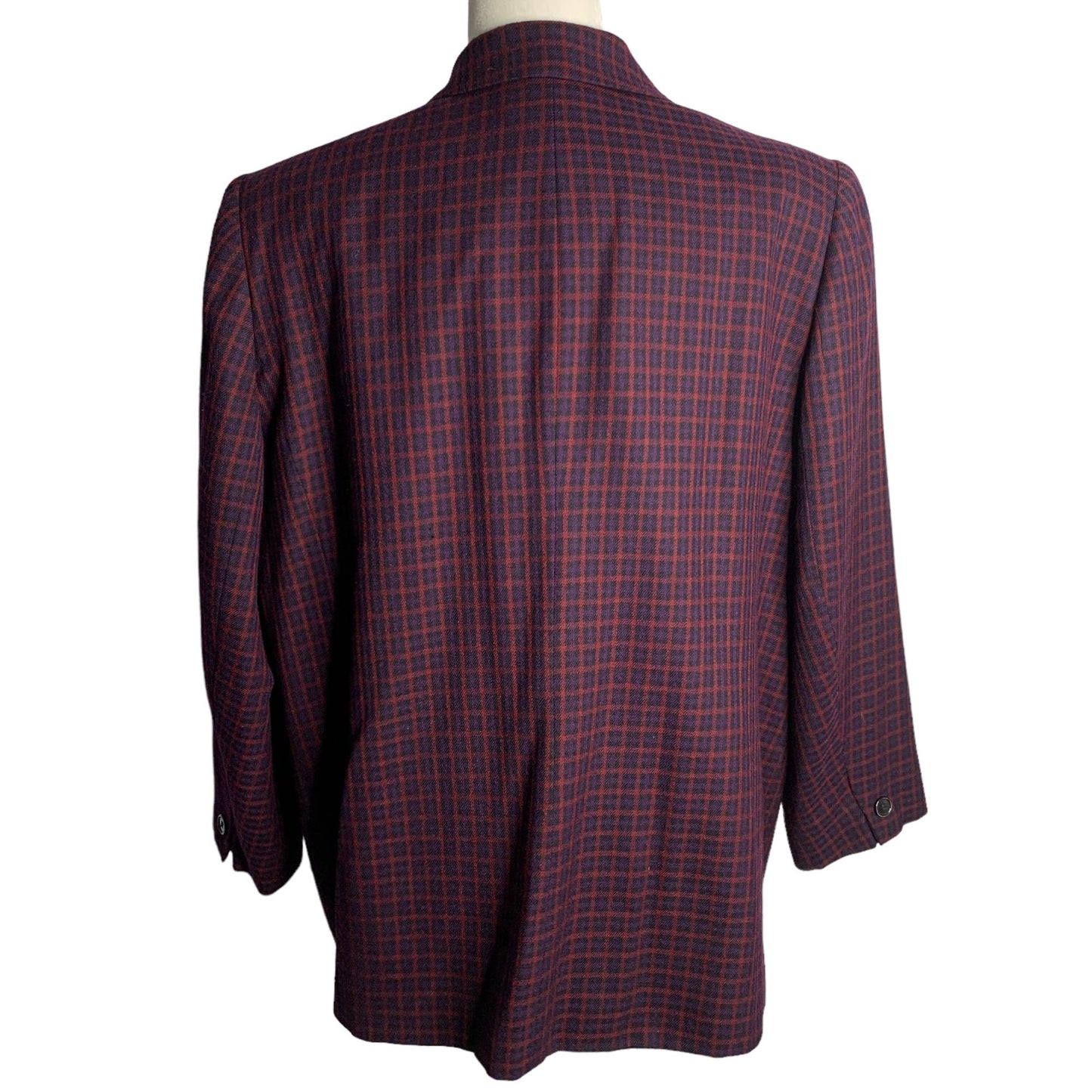 Vintage Worsted Wool Blazer Jacket XL Purple Plaid Shoulder Pads Buttons Pockets