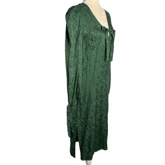 Walter Baker Retro Jacquard Aura Dress 6 Green Floral Long Sleeve V Neck Bow NEW