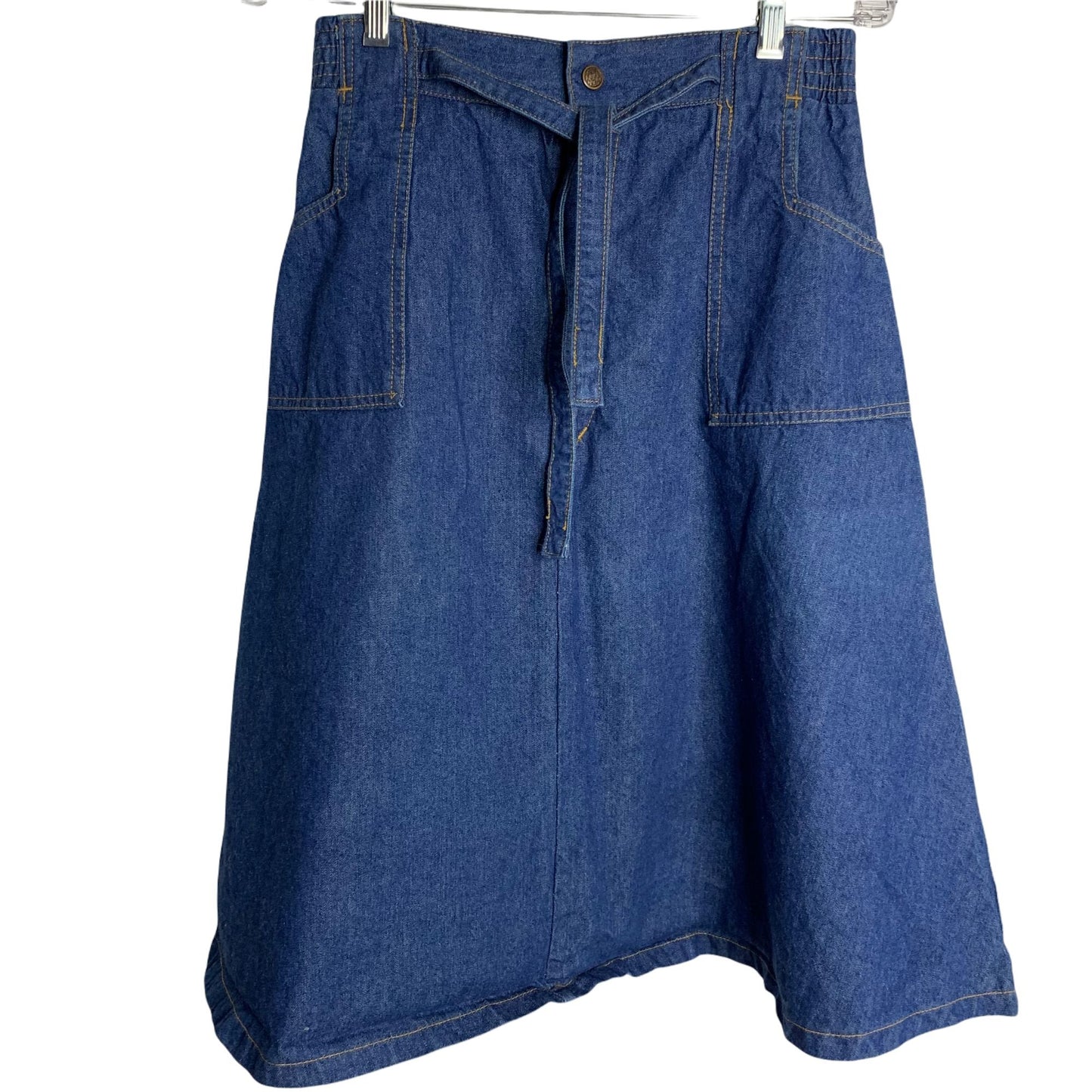 Vintage 70s Denim Jean Skirt S Med Wash Pockets Elastic Waist Snap Zip