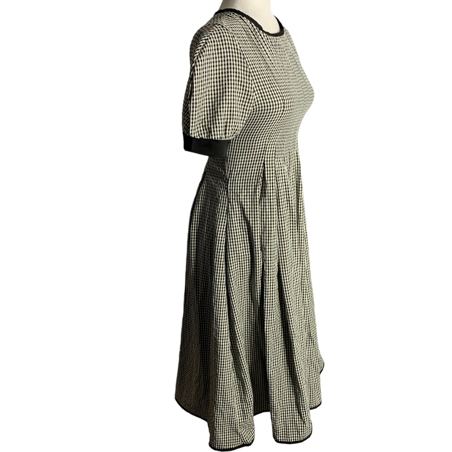 Retro Pleated Midi Swing Dress S Black White Gingham Check Short Sleeve Zipper