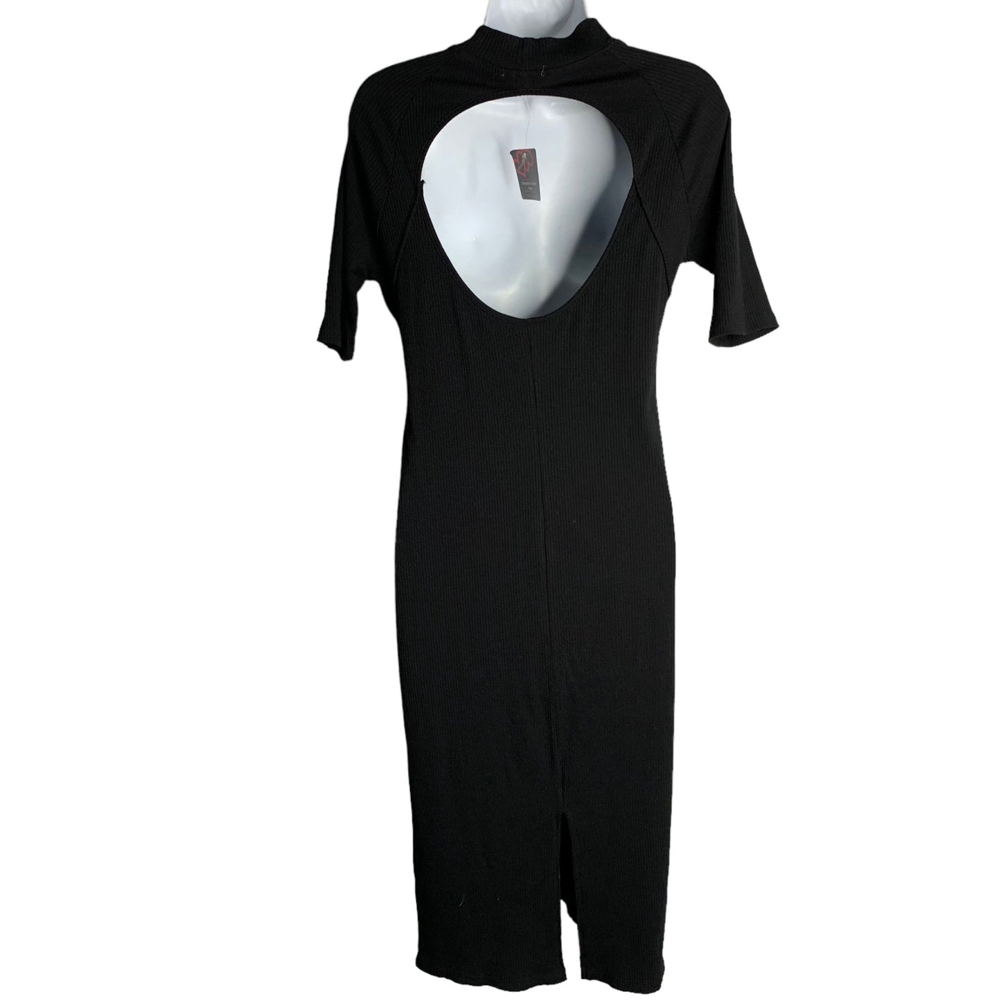 Heart & Hips Open Back High Neck Maxi Dress L Black Ribbed Bodycon Short Sleeve