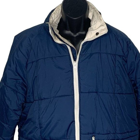 Vintage 80s Outergear Reversible Puffer Jacket L Blue White Hood Zip Pockets