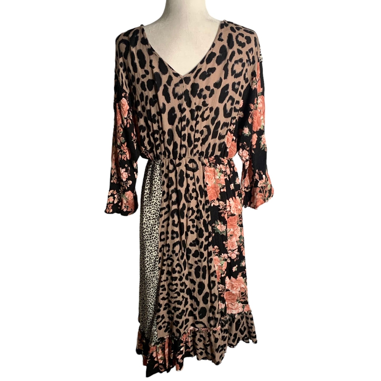 Gigio Animal Print High Low Dress M Multicolored Floral V Neck Elastic Waist
