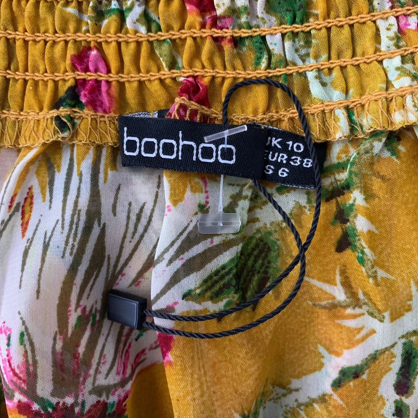 Boohoo Off the Shoulder Midi Dress 6 Yellow Floral High Low Hem Elastic Waist