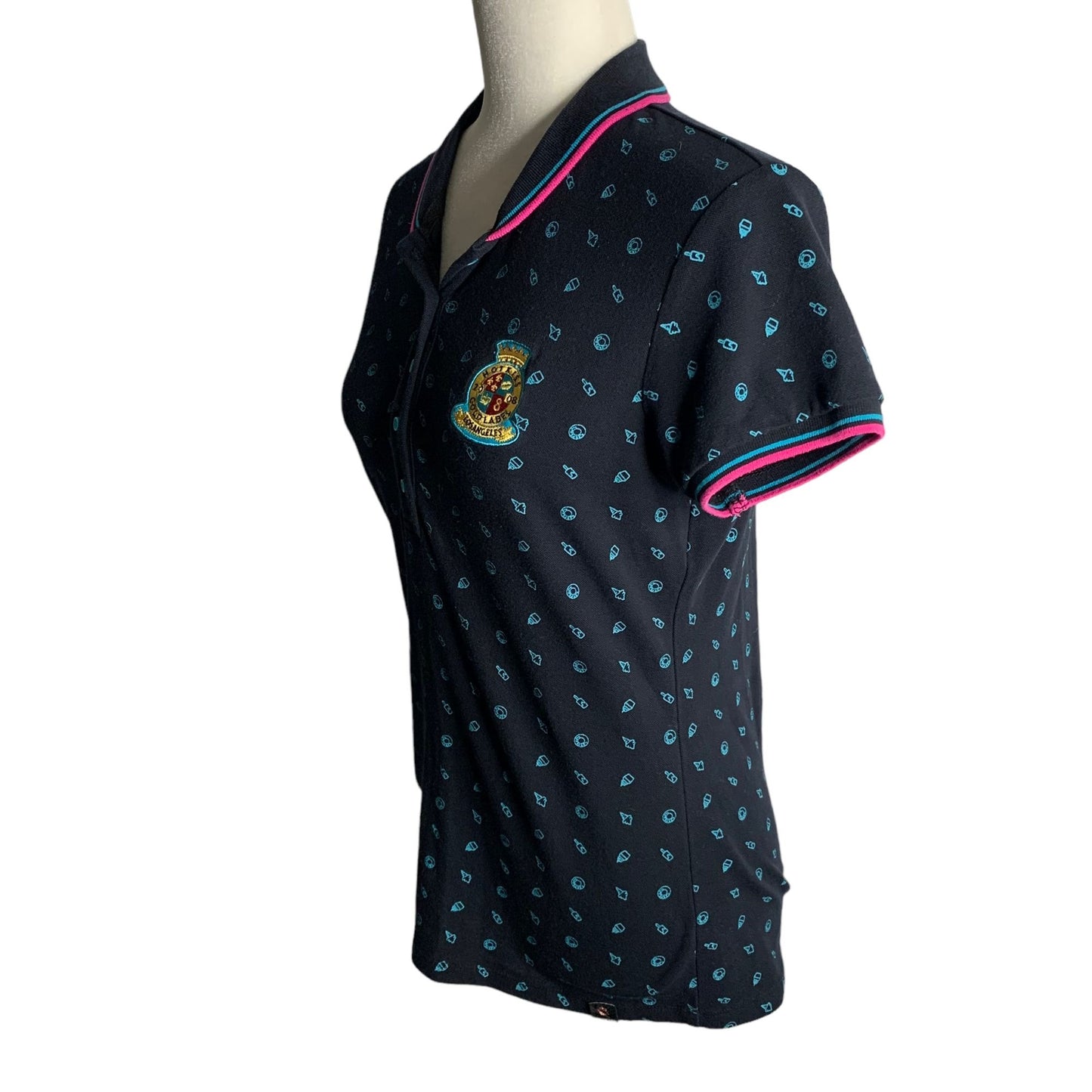 Hot Kiss Short Sleeve Polo Shirt S Black Blue Embroidered Buttons Collared