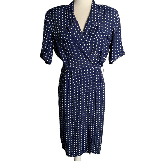 Vintage 80s Karin Stevens Wrap Dress S Blue Polka Dot Midi Shoulder Pads Snaps
