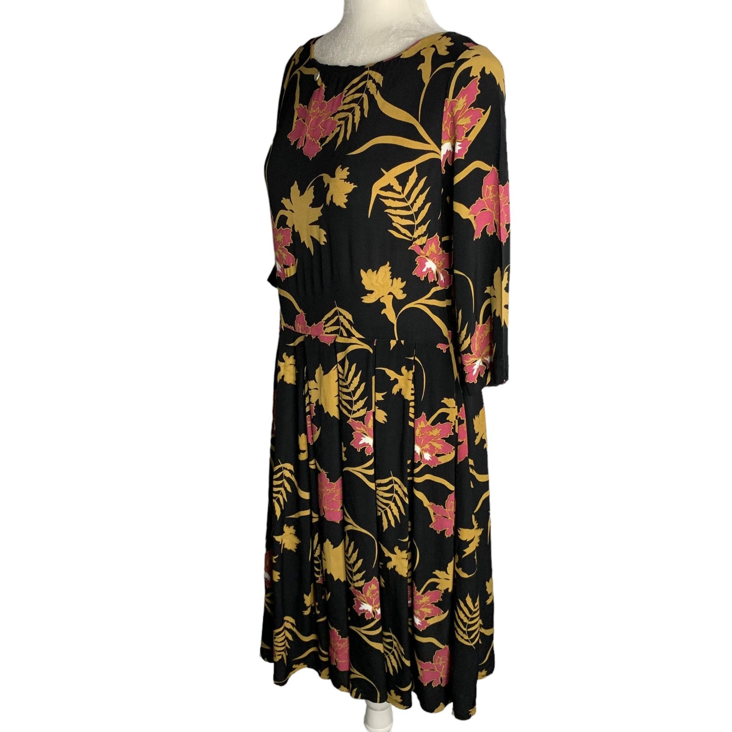 Violet Fish Bohemian Pleated Midi Dress S Black Floral 3/4 Sleeve Zip Boho