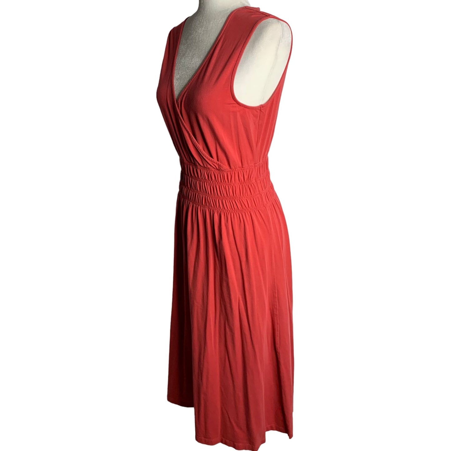 Eddie Bauer Surplice Top Midi Dress S Peach Pink Elastic Waist V Neck Stretchy
