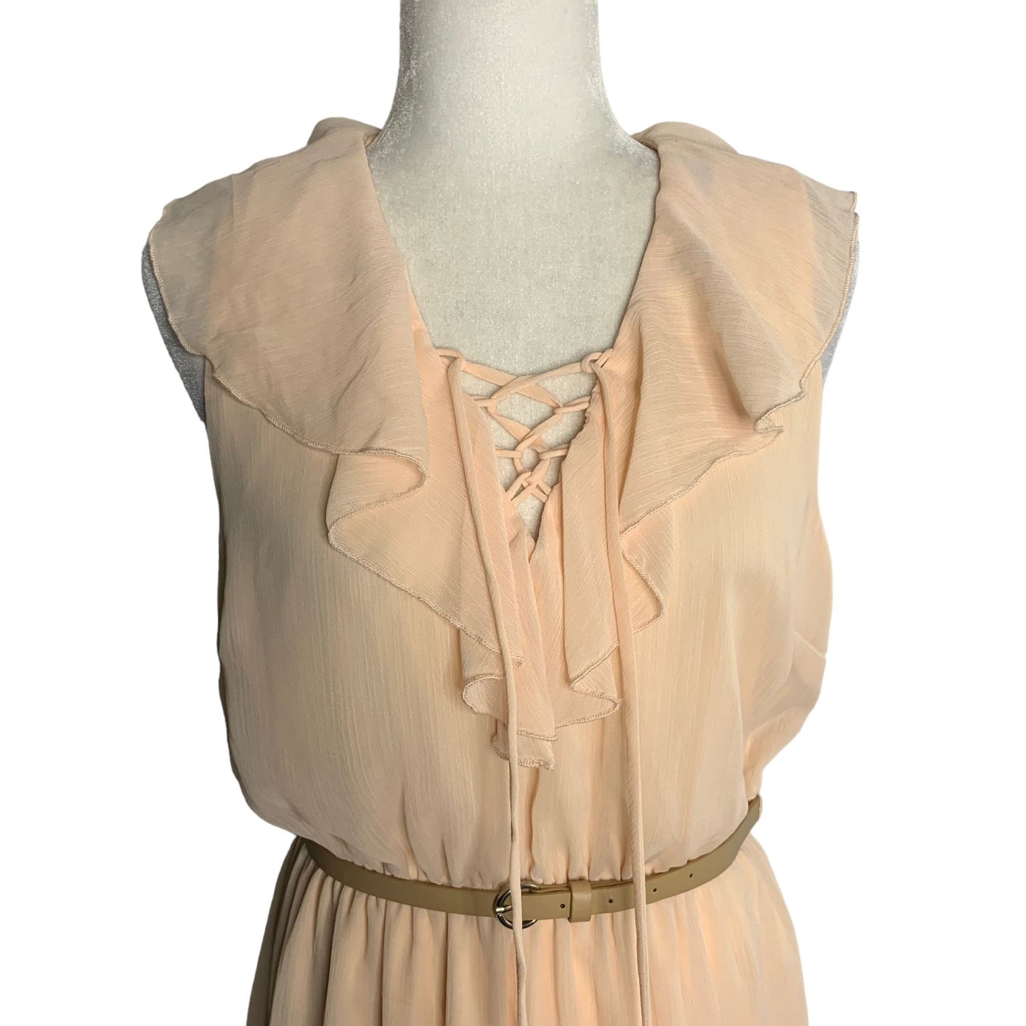 No Boundaries Sleeveless Chiffon Dress XL Blush Peach Belt Lined Lace Up V Neck