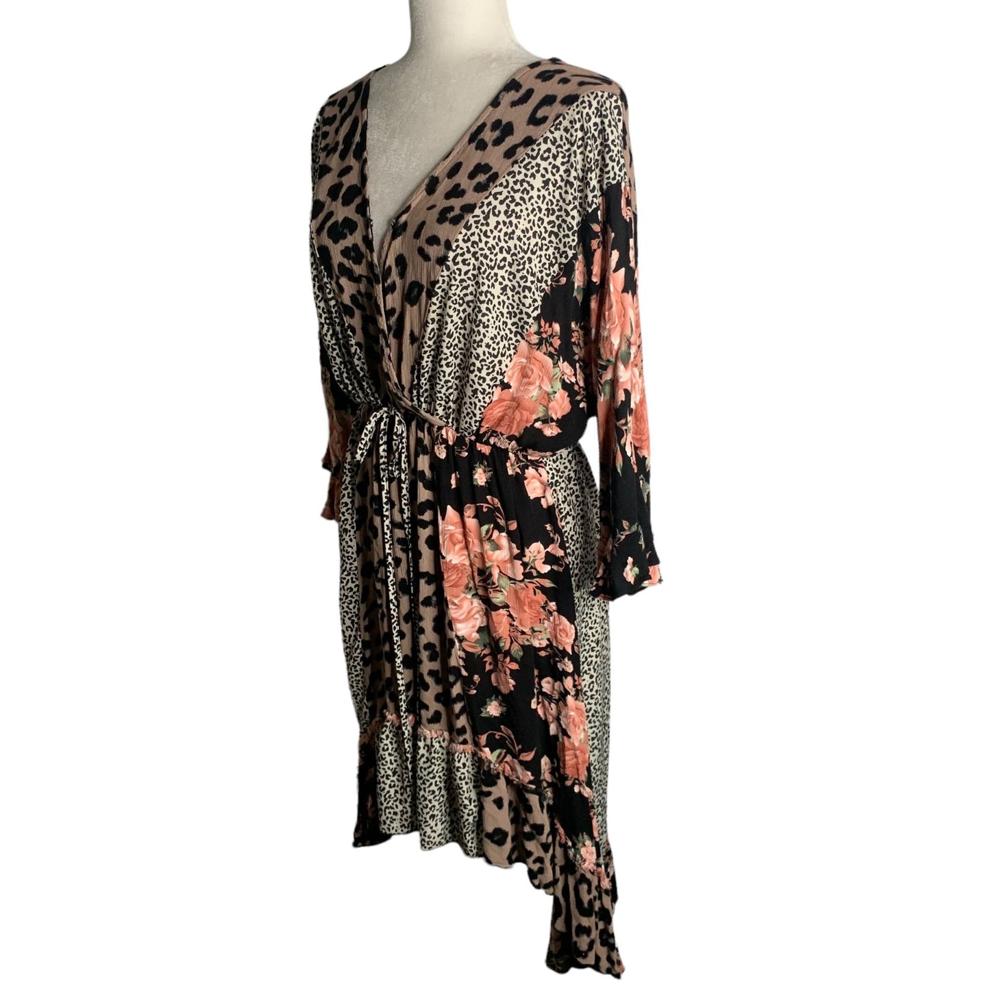 Gigio Animal Print High Low Dress M Multicolored Floral V Neck Elastic Waist