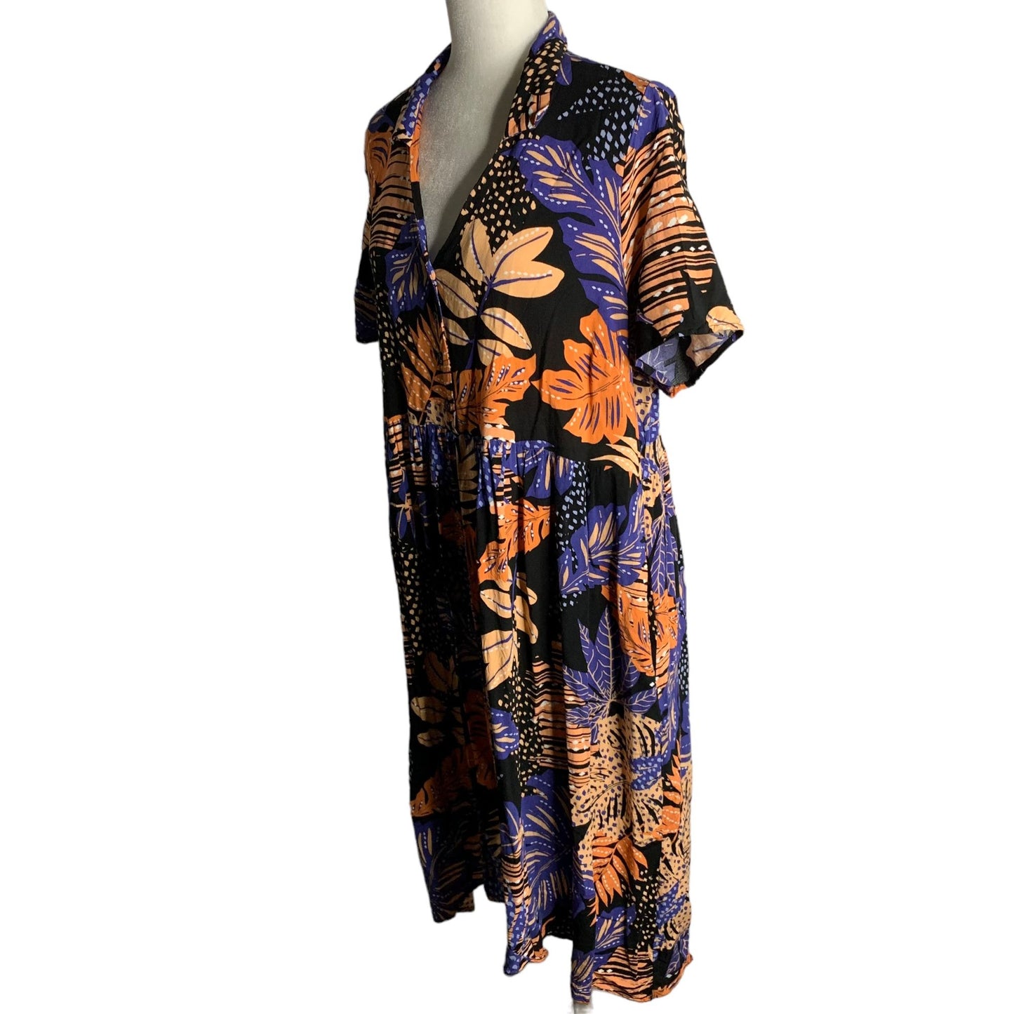 Loralette Short Sleeve High Low Dress 14/16 Black Palm Floral Buttons Pockets