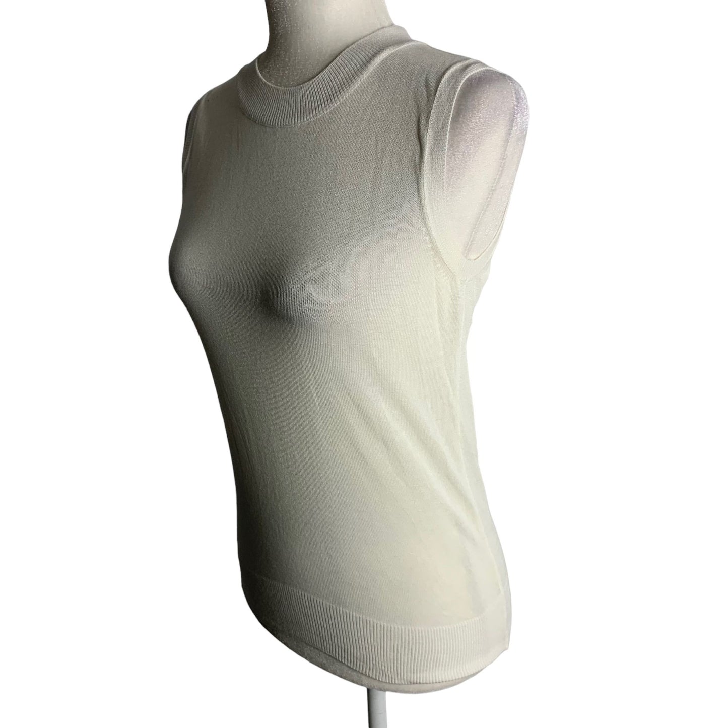 Lightweight Sleeveless Knit Top S White Ribbed Trim Slightly Sheer