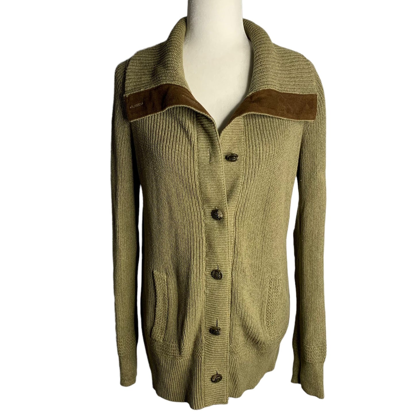 Lauren Ralph Lauren Cardigan Sweater M Green Brown Button Up Pockets Elbow Patch