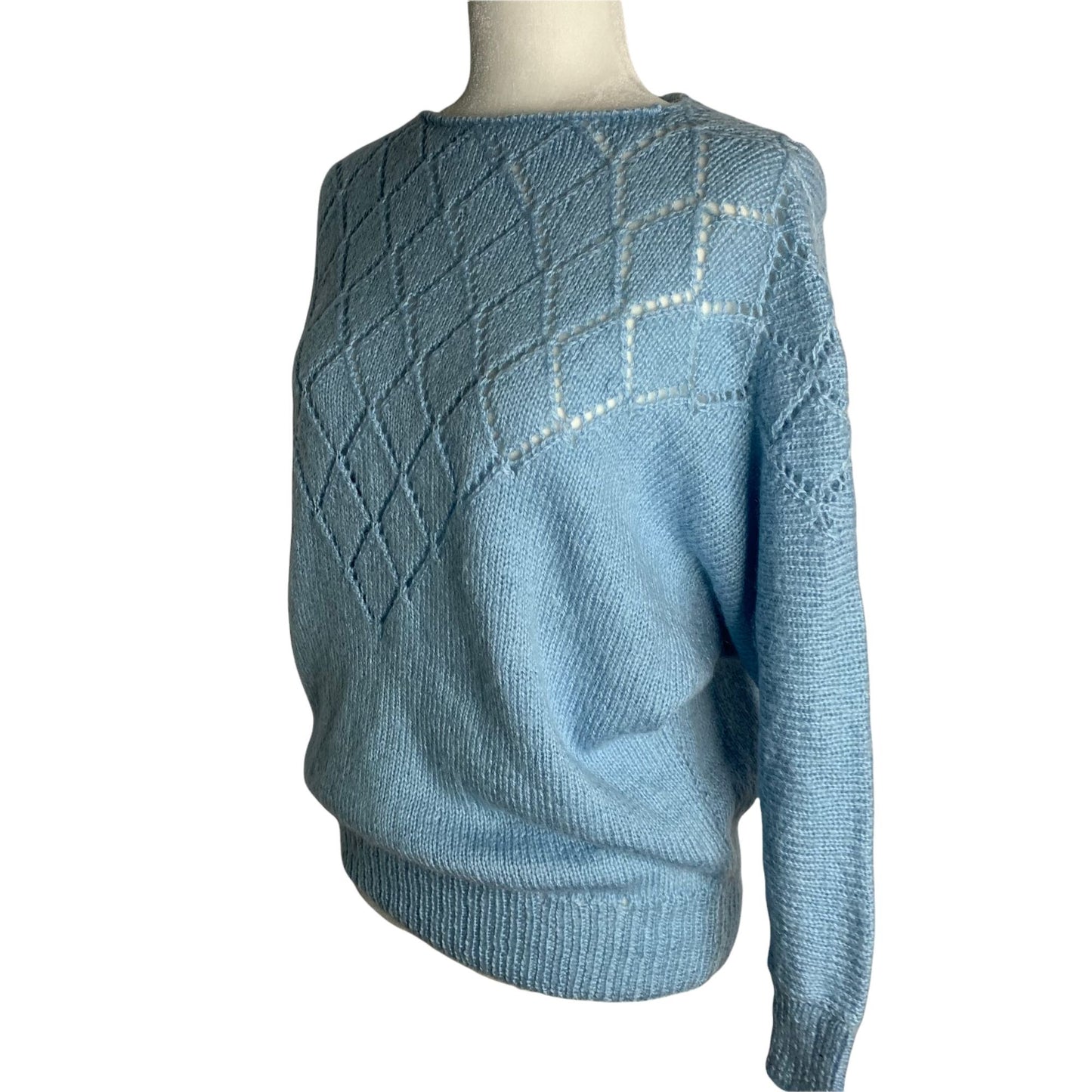 Vintage 80s Open Knit Pullover Sweater S Blue Dolman Sleeve Wool Blend