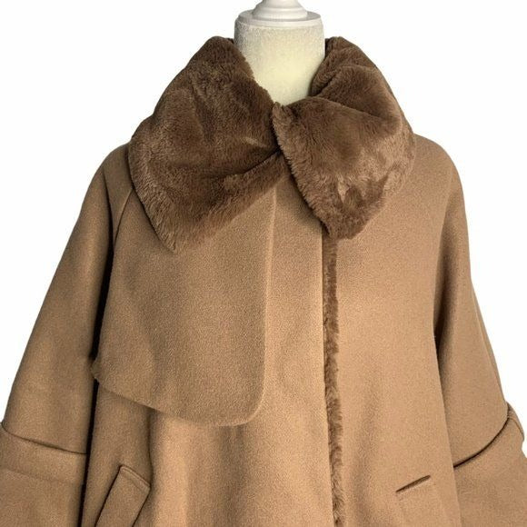 Secret Garden Korean Silk Wool Swing Coat M Brown Lined Faux Fur Snaps Pockets