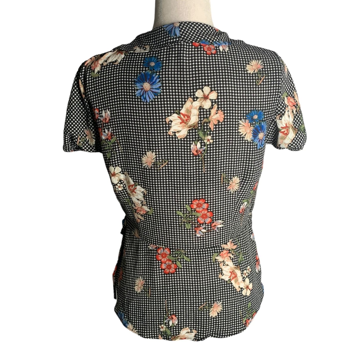 Maurices Black Checkered Wrap Top Medium Floral Ruffle Peplum Puff Sleeve