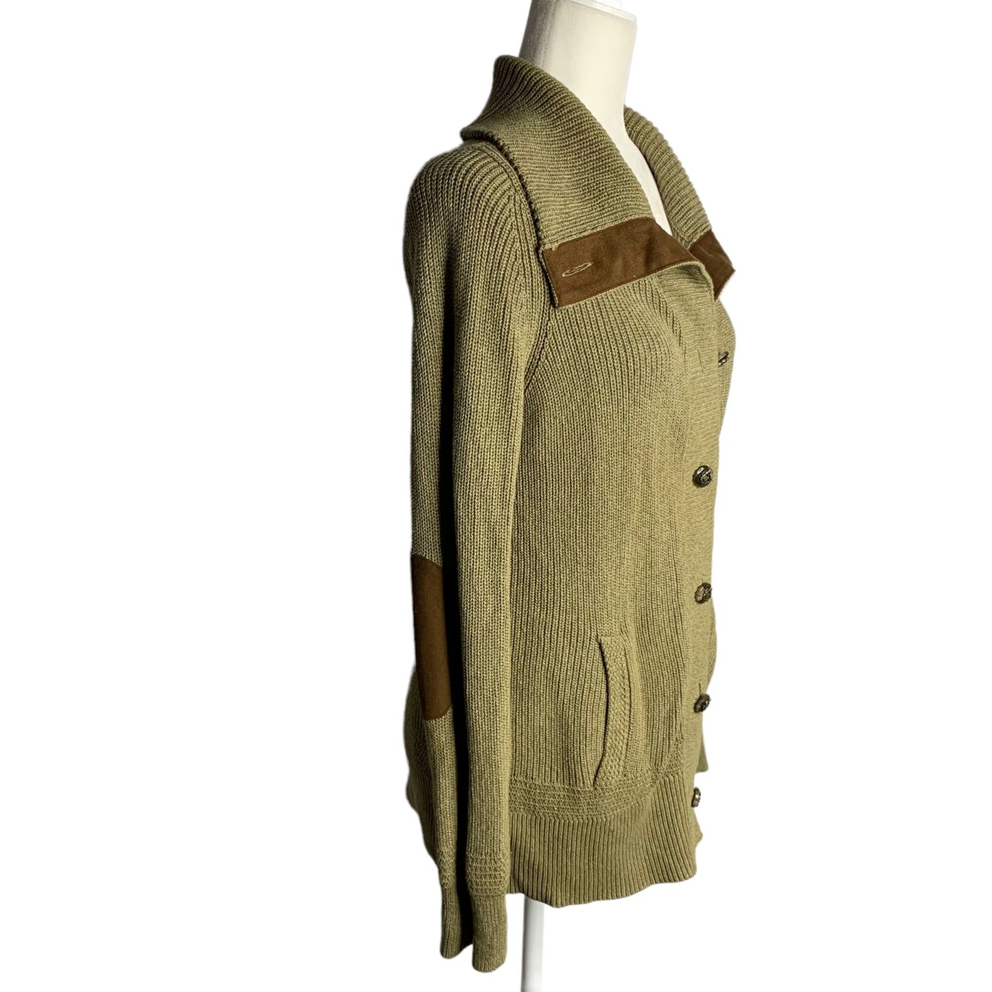 Lauren Ralph Lauren Cardigan Sweater M Green Brown Button Up Pockets Elbow Patch