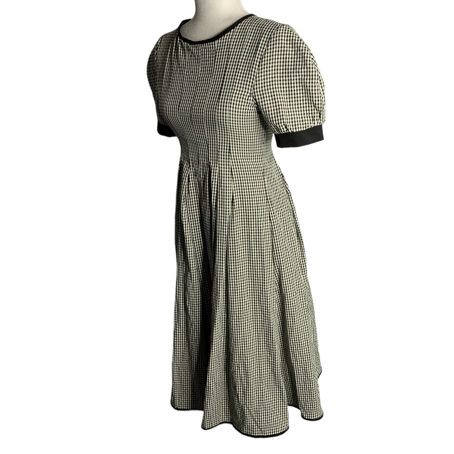 Retro Pleated Midi Swing Dress S Black White Gingham Check Short Sleeve Zipper