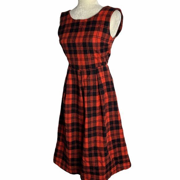 Nana For You Pinafore Wool Midi Dress S Red Plaid Open Back Zip Sleeveless