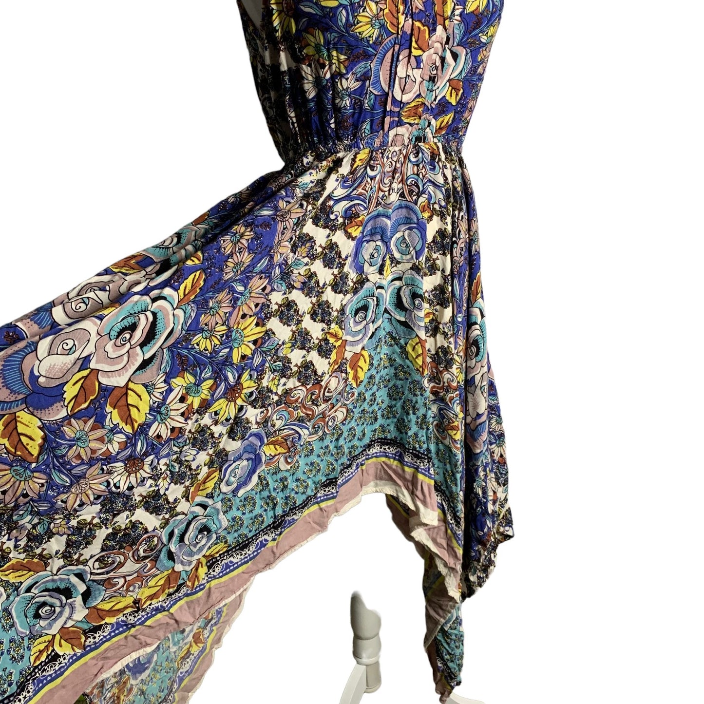 Lola P Handkerchief Shark Bite Hem Dress S Multicolored Floral Sleeveless