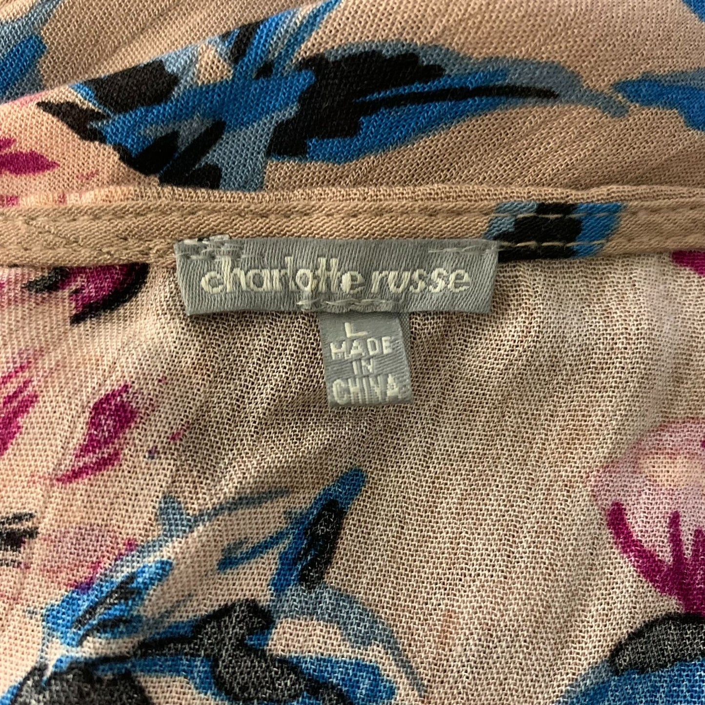 Charlotte Russe Open Front Kimono Top L Taupe Floral Ruffle Long Sleeves Rayon