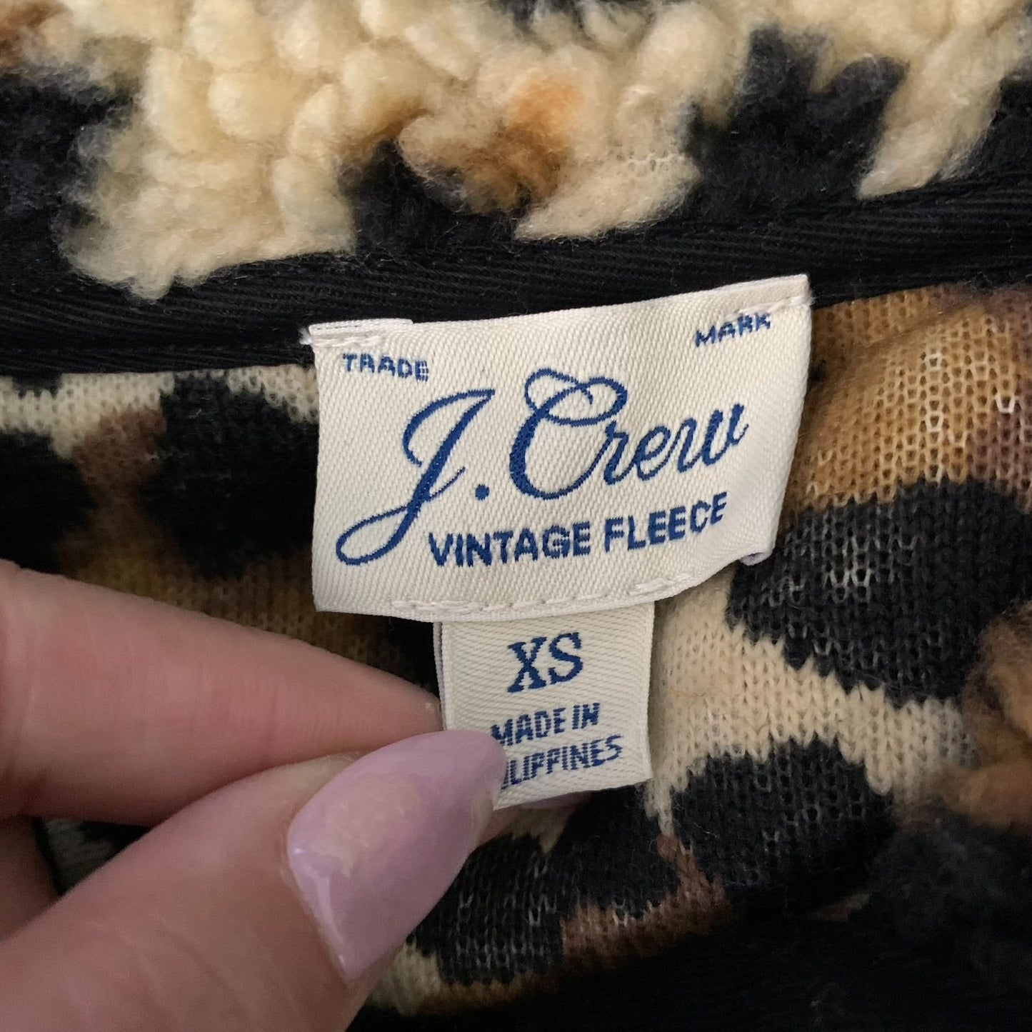 J Crew Vintage Heavy Fleece Sweatshirt XS Leopard Print Snap Collar Flap Pockets