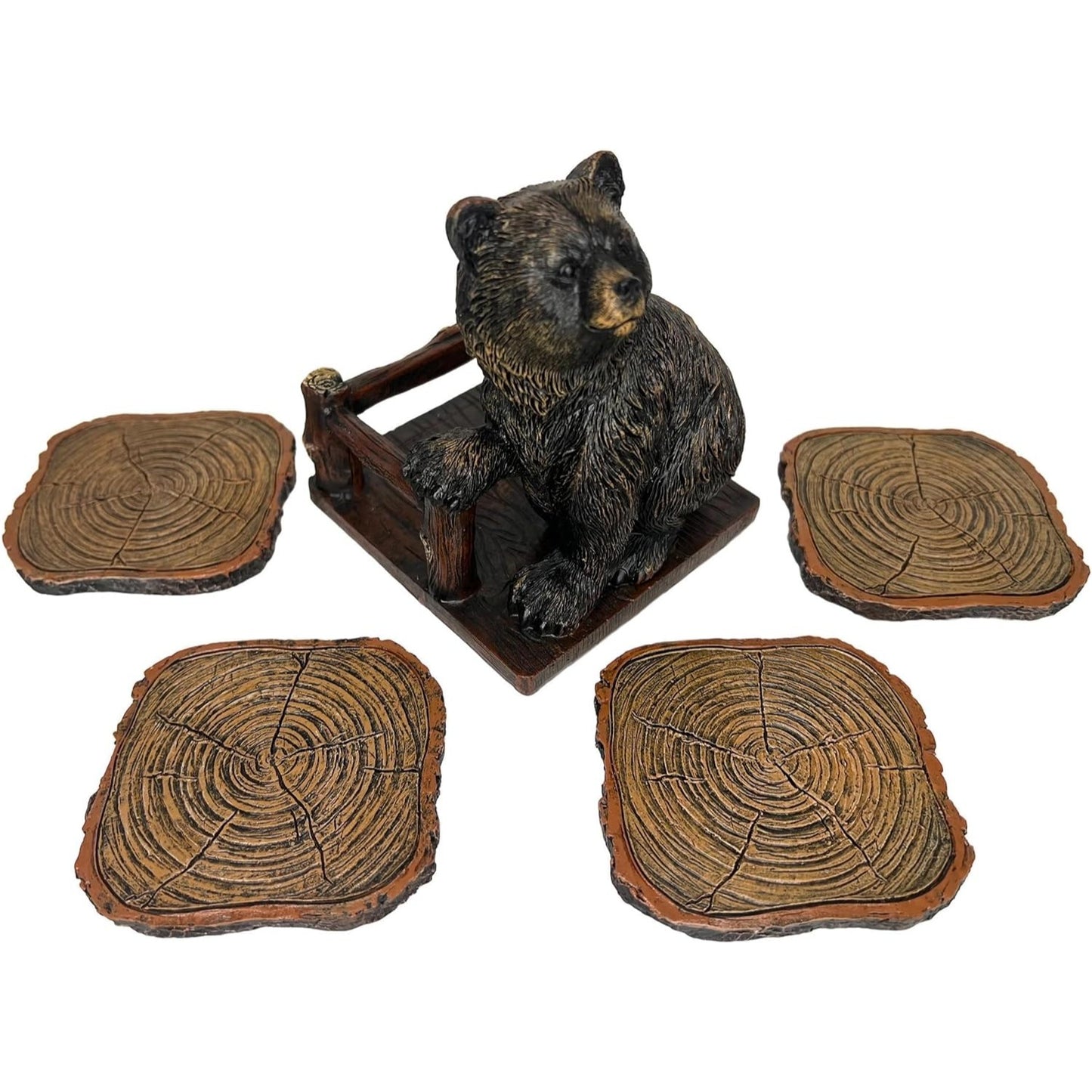 Grizzly Bear 4 Drink Coaster Set Holder Rustic Cabin Kodiak Brown Figure Decor