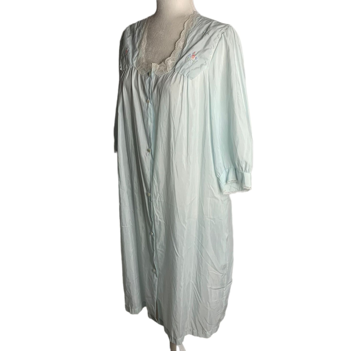 Vintage 70s Barbizon Button Up Nightgown M Blue Embroidered Lace Half Sleeve