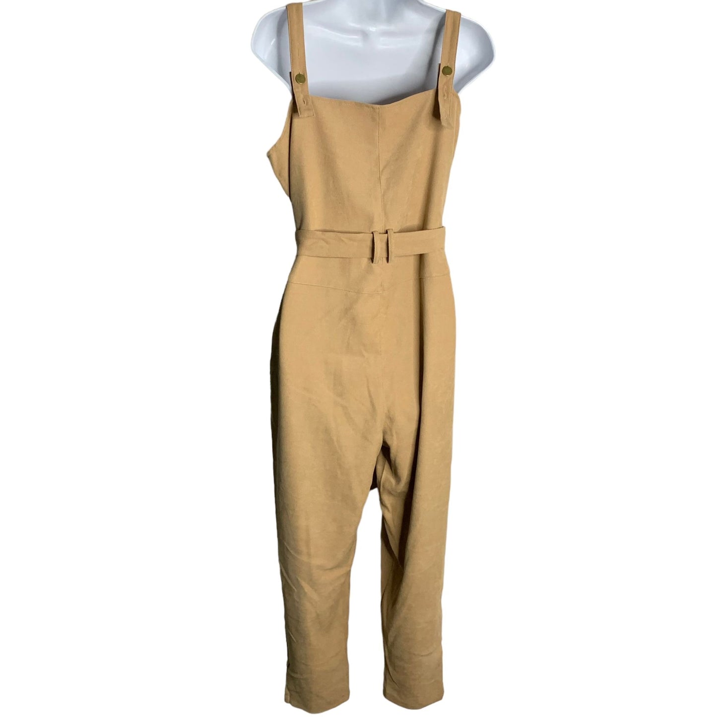 Shein Button Up Faux Suede Jumpsuit L Tan Pockets Adjustable Straps Pockets