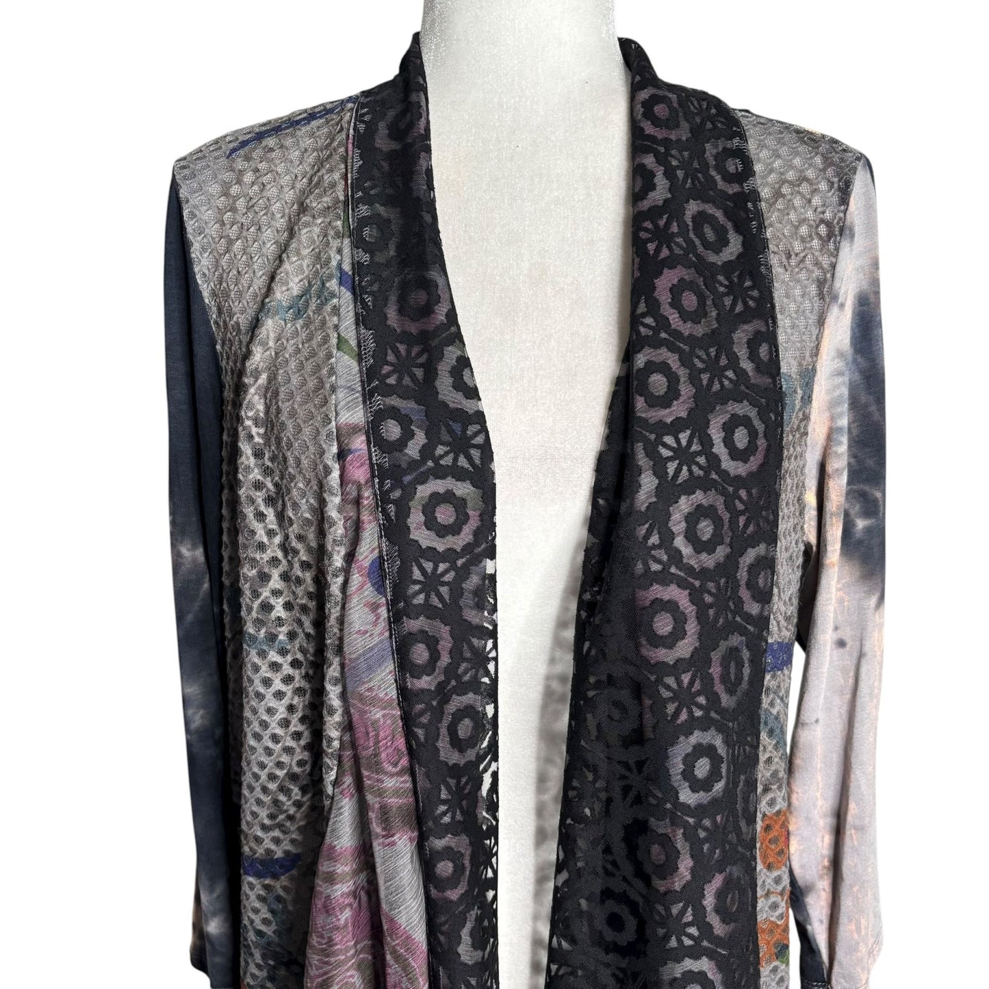Ali Miles Mixed Media Open Front Cardigan Large Rayon Blend Multicolor Duster