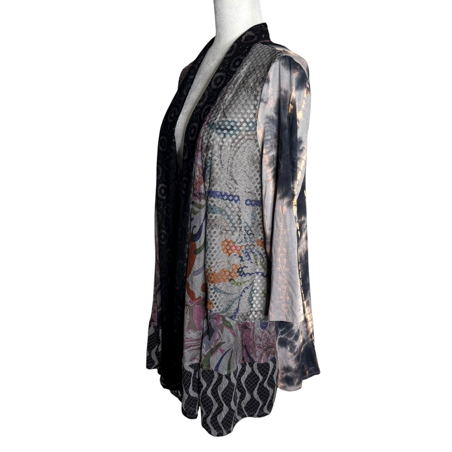 Ali Miles Mixed Media Open Front Cardigan Large Rayon Blend Multicolor Duster