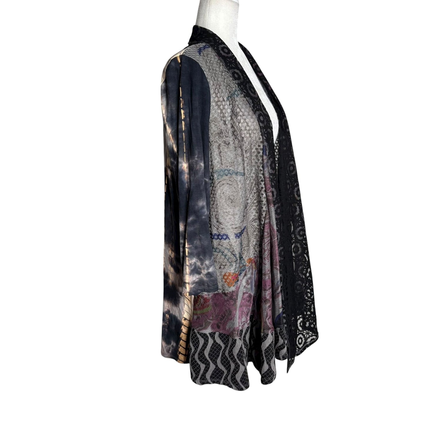 Ali Miles Mixed Media Open Front Cardigan Large Rayon Blend Multicolor Duster