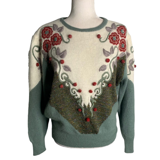 Vintage 80s Lambs Wool Angora Knit Sweater M Green Embroidered Floral Pullover